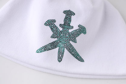 White & Green Rhinestone Beanie