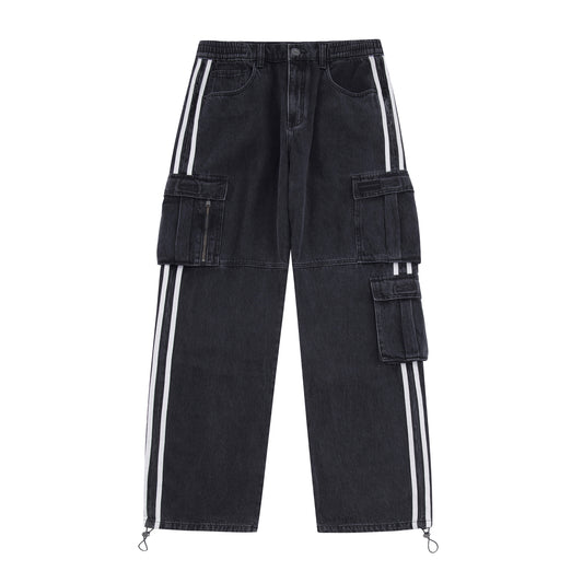 BLACK STRIPED DENIM CARGOS