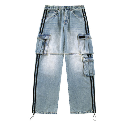 BLUE STRIPED DENIM CARGOS