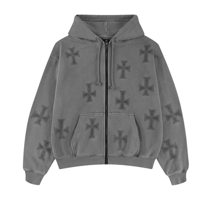 WASHED GREY RHINESTONE HOODIE