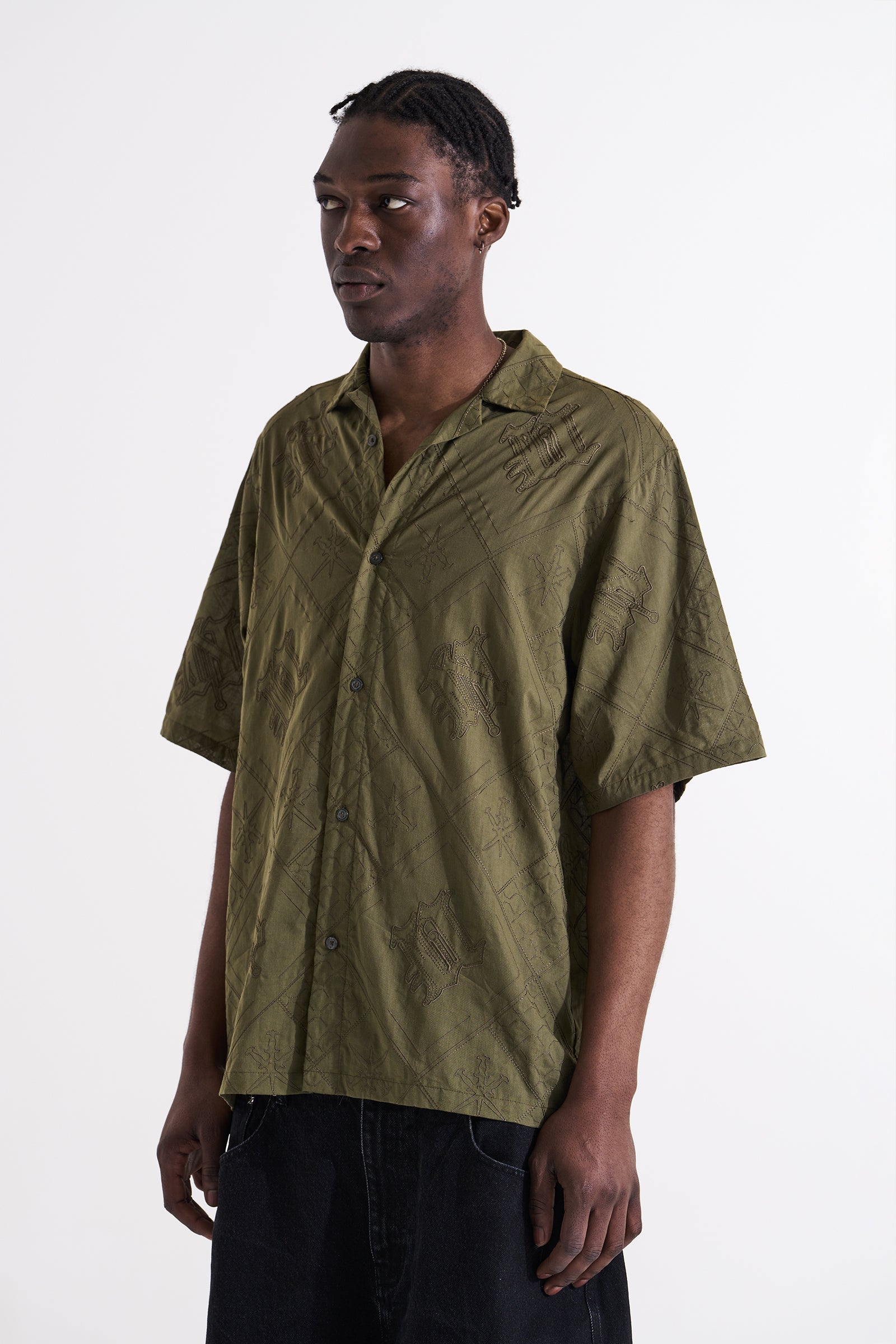 KHAKI EMBROIDERED CUBAN SHIRT